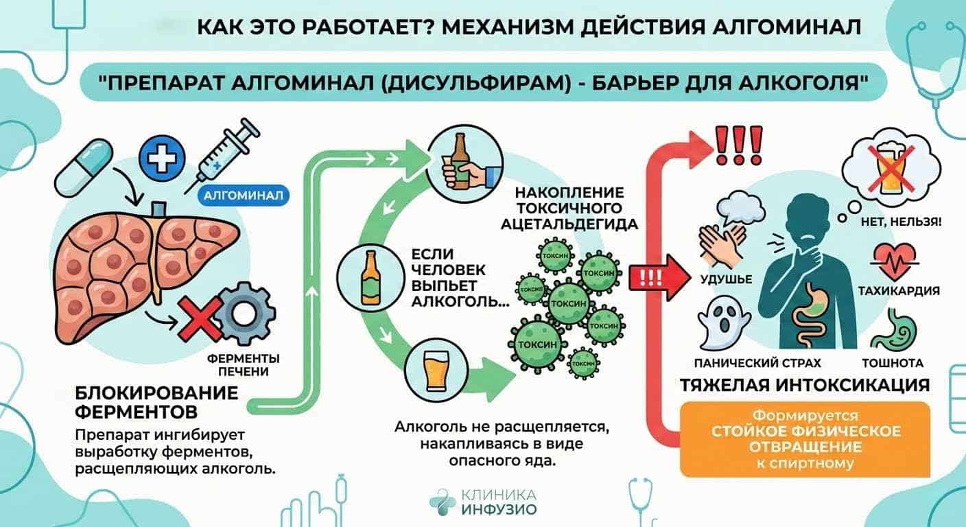 Инфографика: механизм действия препарата Алгоминал при кодировании от алкоголизма в клинике Инфузио