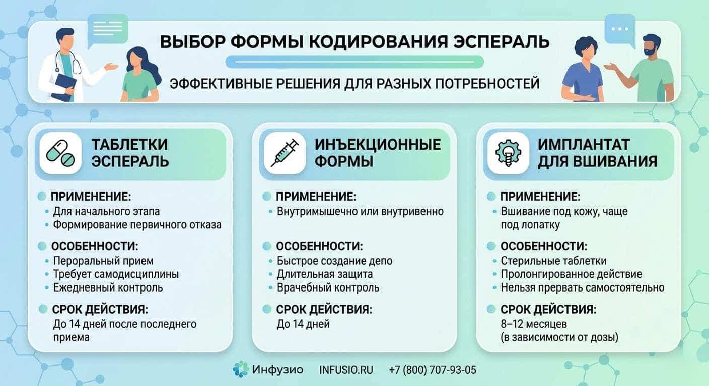 Инфографика со сравнением форм кодирования Эспераль: вшивание импланта, укол и таблетки в клинике Инфузио