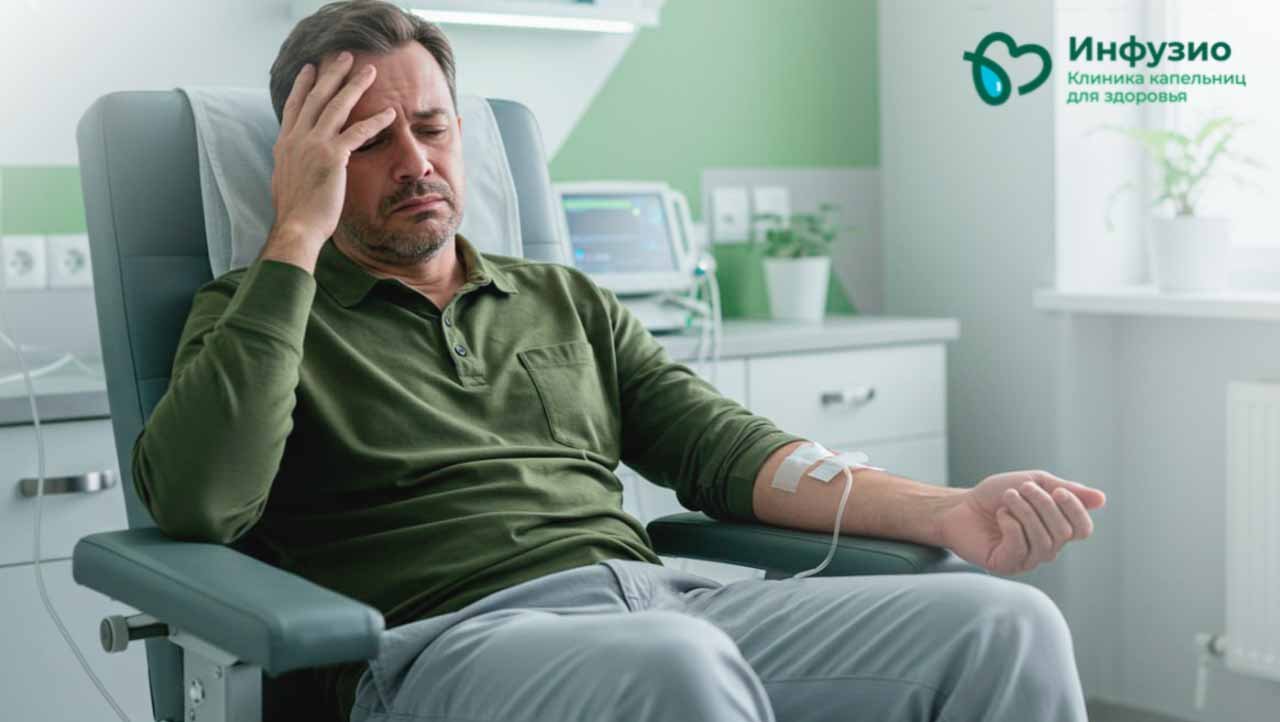 Мужчина под капельницей держится за голову